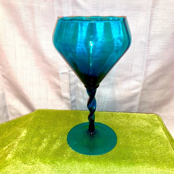 Vintage 12" EMPOLI Italian BLUE Turquoise Art GLASS Compote VASE Mid-Century - Picture 1 of 9